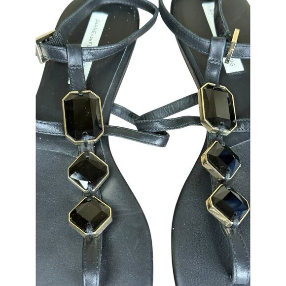 Diane von Furstenberg Black T-Strap Leather Sandals Gem Detail Size 9 - Picture 4 of 9